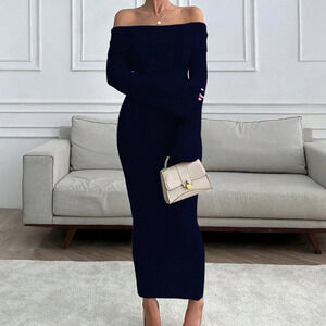 Black Elegant Women's Off Shoulder Sweater Maxi Dress Slim Fit